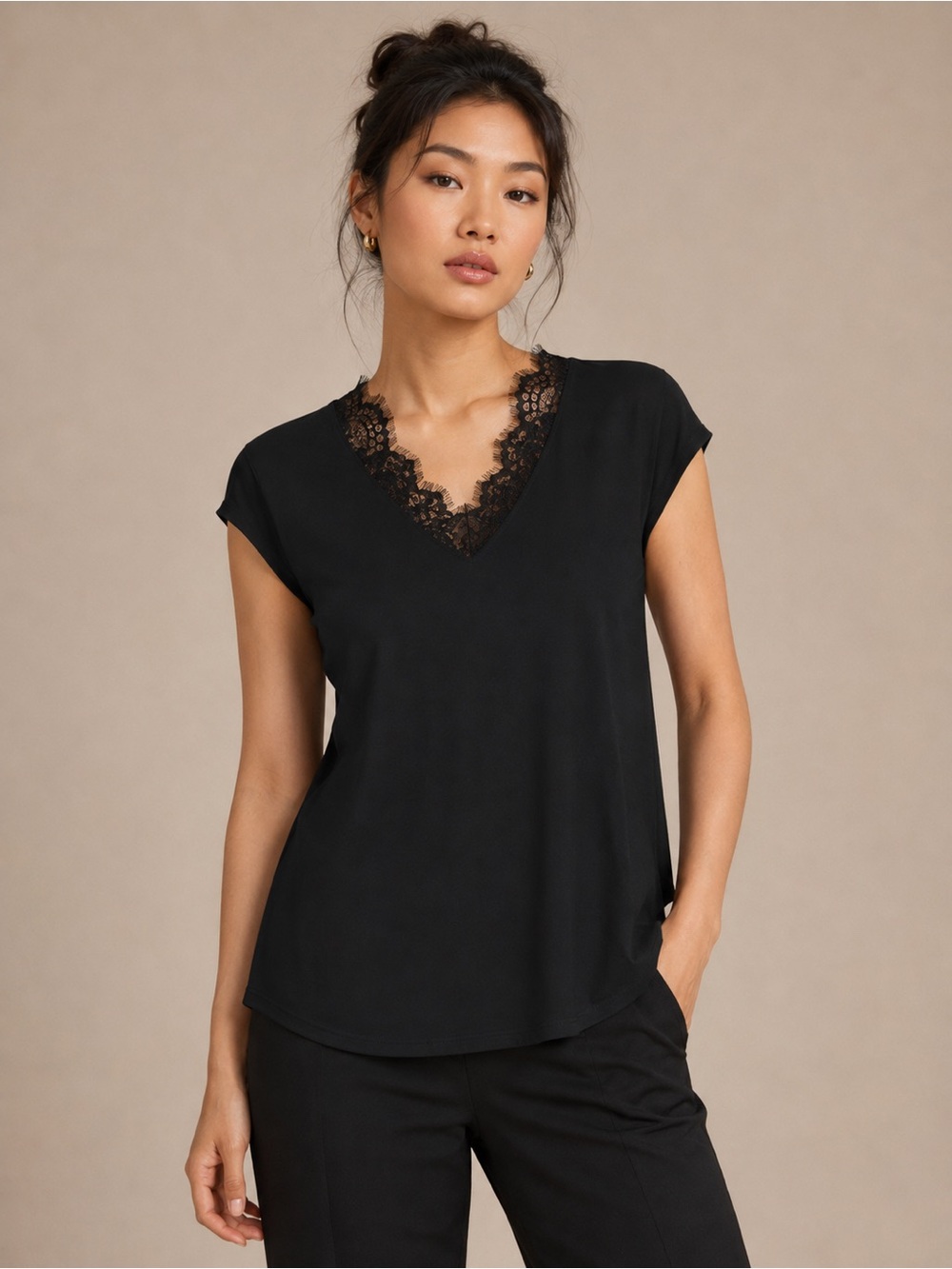 LEANI Womens Blouse Small Black Lace V Neck Cap Sleeve Top NWT